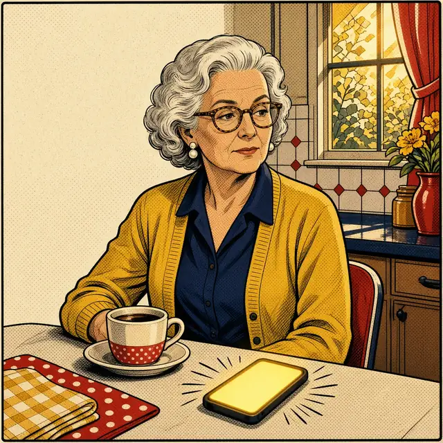 Panel 1 of 4. Mom, a sharp silver-haired woman in tortoiseshell glasses and a mustard cardigan, sits at her sunny kitchen table with coffee as her phone lights up on the table.