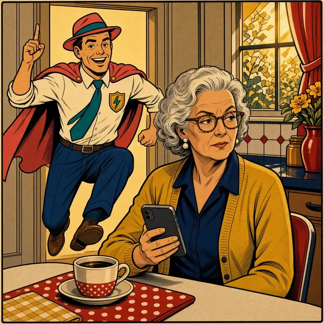 Panel 2 of 4. Mom narrows her eyes at the text, one eyebrow raised. Behind her, Twinge, a cheerful hero in a coral fedora, teal tie and short coral cape, leaps through the doorway with a finger raised.