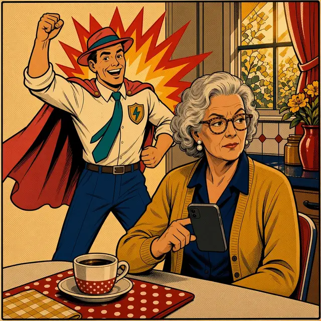 Panel 3 of 4. Mom taps her phone to forward the text to Twinge while Twinge punches the air in front of a red and yellow explosion.