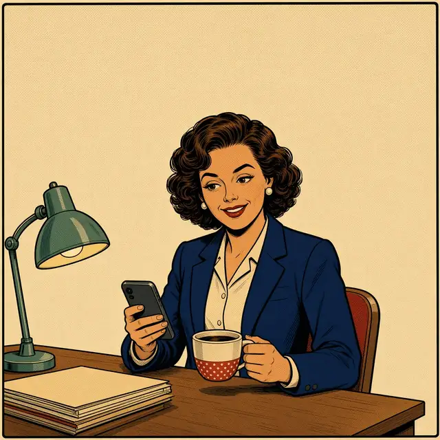 Panel 4 of 4. The daughter, about 45, in a navy blazer at her office desk with a coffee mug, smiles with relief at a text from Twinge.