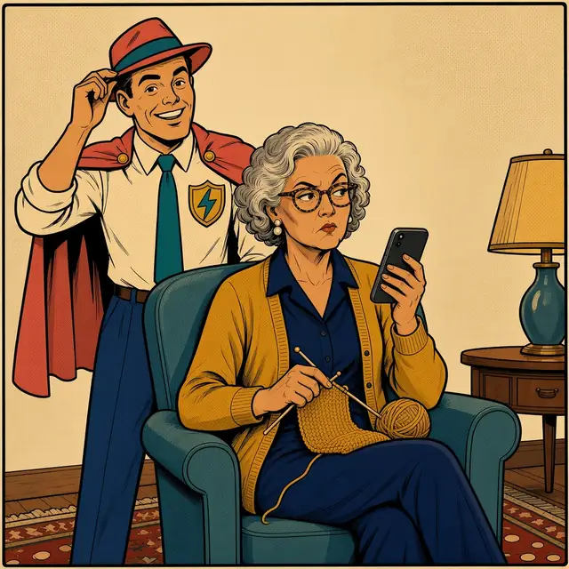 Panel 2 of 4. Mom gives the phone a sharp side-eye. Twinge pops up behind her armchair, tipping his fedora and grinning.