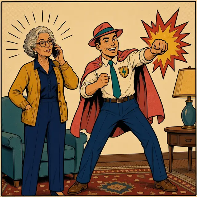 Panel 3 of 4. Mom stands on the phone, calling her grandson's real number, while Twinge throws a campy punch into a red and yellow burst.