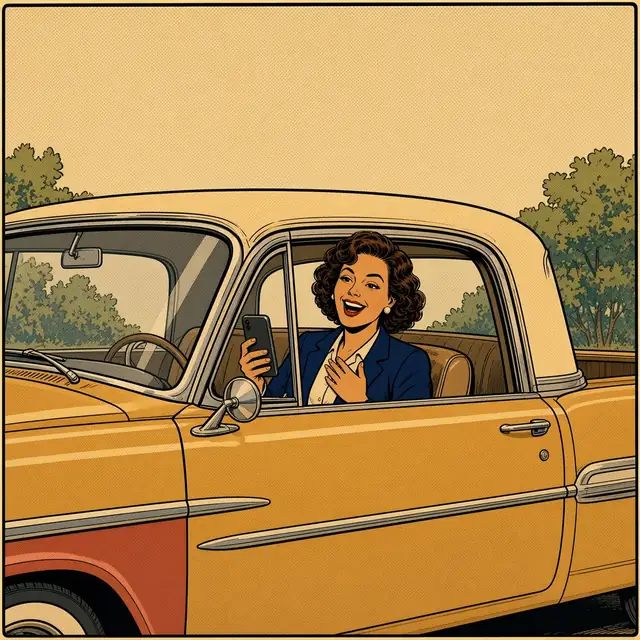Panel 4 of 4. The daughter, in her car in the school pickup line, laughs with relief reading a text from Twinge.