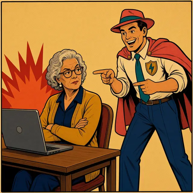 Panel 2 of 4. Mom sits with her arms crossed and a knowing smirk, refusing to touch the laptop. Twinge leans in, pointing at her approvingly.