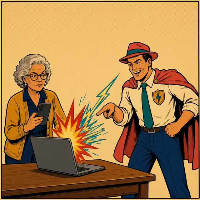 Panel 3 of 4. Mom snaps a photo of the laptop with her phone while Twinge zaps the laptop with a teal lightning bolt.