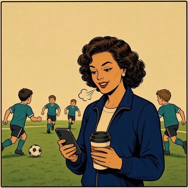 Panel 4 of 4. The daughter on a sunny soccer sideline with a travel coffee, exhaling with relief as she reads a text from Twinge.