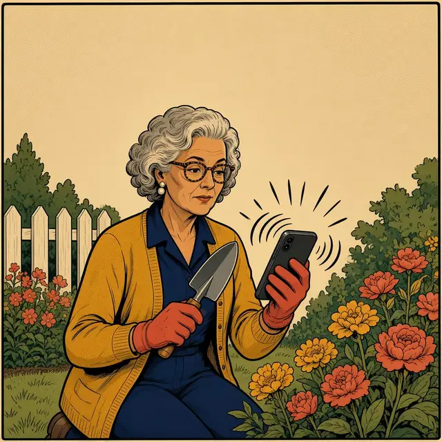 Panel 1 of 4. Mom kneels in her front garden with a trowel and gardening gloves, glancing at her buzzing phone.