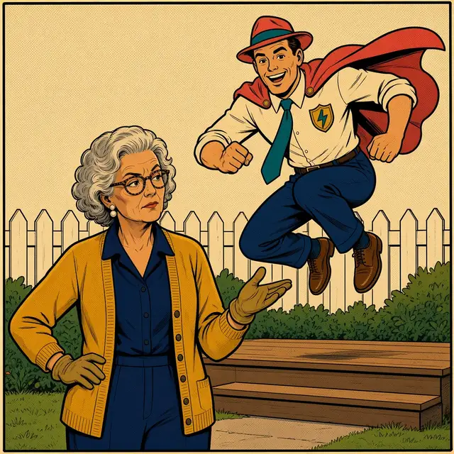 Panel 2 of 4. Mom stands with a hand on her hip, gesturing at her empty porch step. Twinge vaults over the hedge behind her, cape flaring.