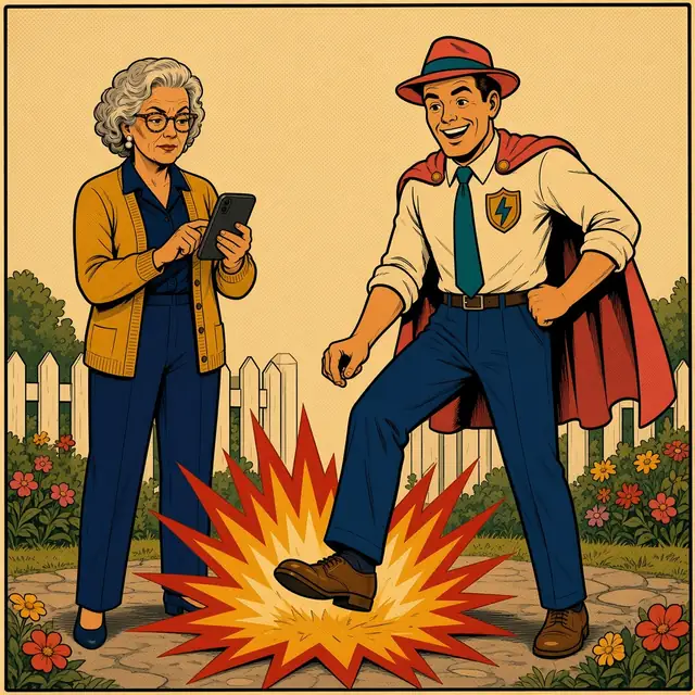 Panel 3 of 4. Mom taps her phone with a satisfied look while Twinge stomps the garden path, setting off a big red and yellow splat.