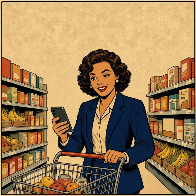 Panel 4 of 4. The daughter pushes a shopping cart in a grocery aisle, grinning with relief at a text from Twinge.