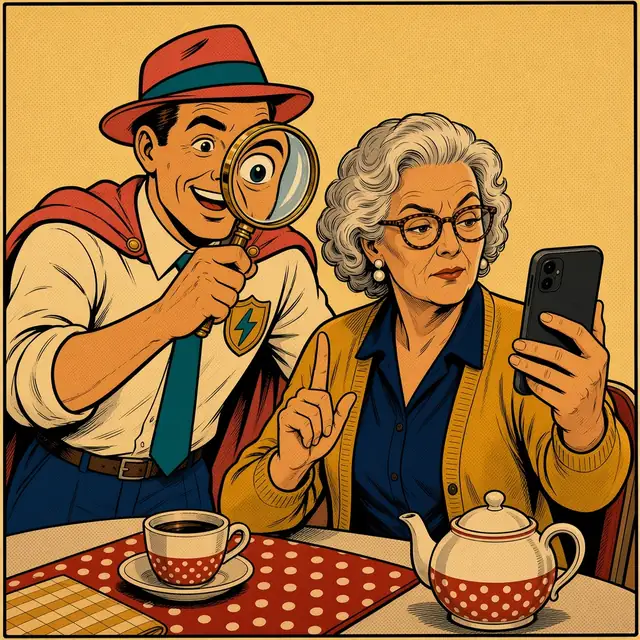 Panel 2 of 4. Mom peers at her phone over her glasses, finger raised. Twinge leans in with a big magnifying glass, one eye comically enlarged.