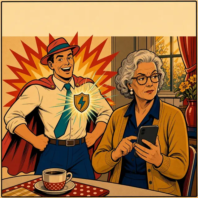 Panel 3 of 4. Mom taps her phone to forward the text while Twinge stands proudly, hands on hips, his shield badge beaming light.
