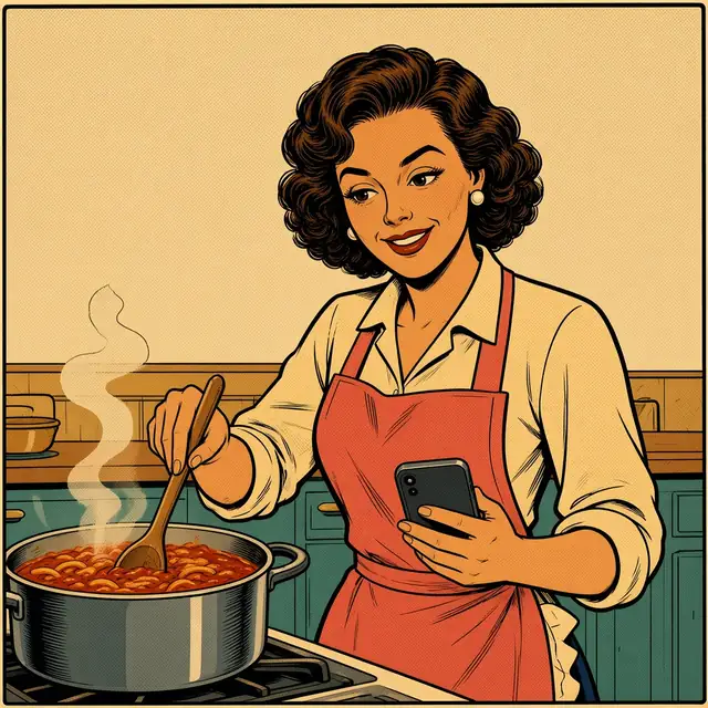 Panel 4 of 4. The daughter stirs a pot of pasta sauce at her stove, smiling warmly at a text from Twinge.