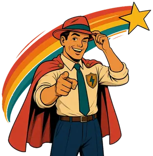 Twinge breaks the fourth wall: he winks, tips his fedora and points right at you, with a rainbow swoosh and a shooting star behind him.